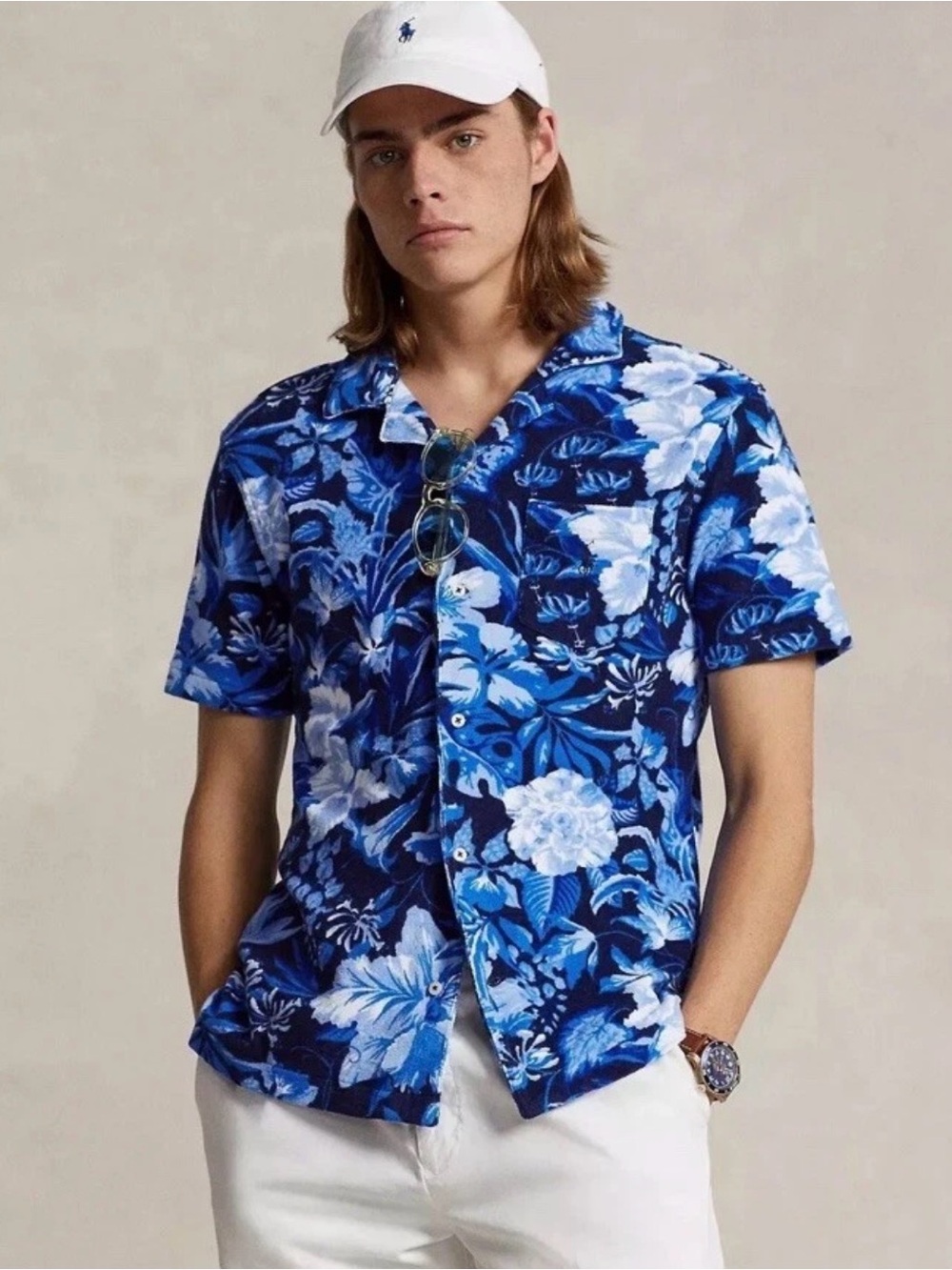 POLO Ralph Lauren Terry Hawaiian Floral Blue Camp Shirt Short Sleeve Men's L